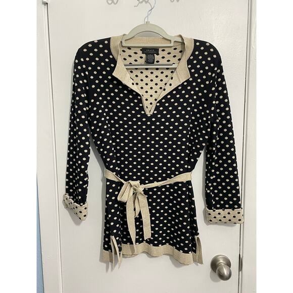 Grace Knit Dressing Tunic Sweater Small Belted Waist 3/4 Sleeve Black Polka Dot - Picture 1 of 7